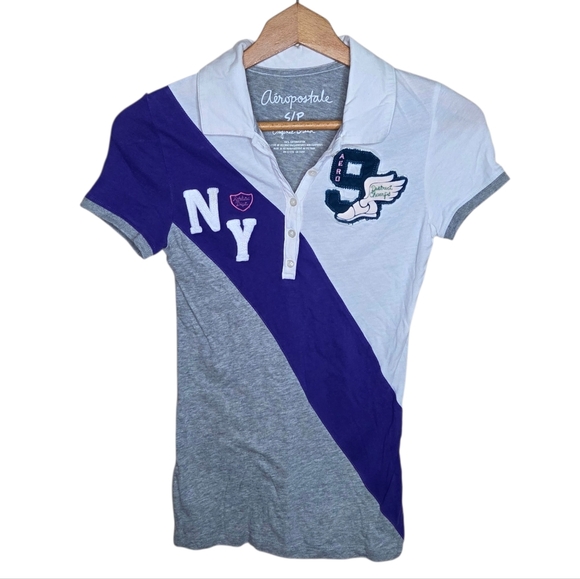 Aeropostale Tops - Y2K Aerpostale | Sporty Colorblock Gray Purple Graphic Polo Shirt Size Small